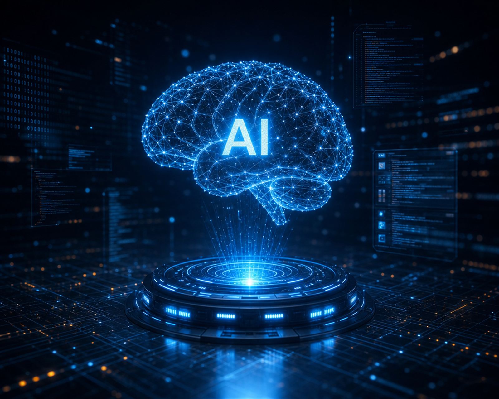 A glowing wireframe brain labelled AI hovering above a holographic platform, drawn in circuit-board blues.