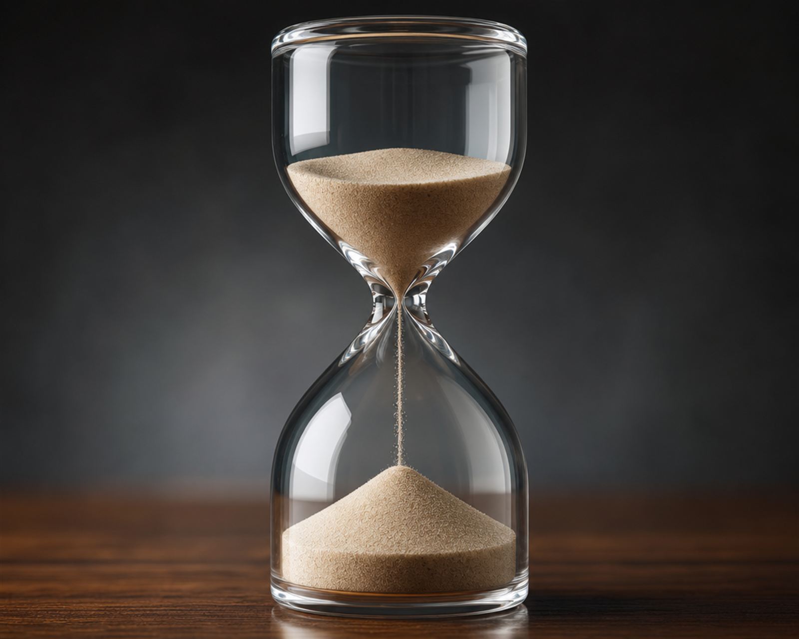 An hourglass with sand running through it, standing on a wooden desk.